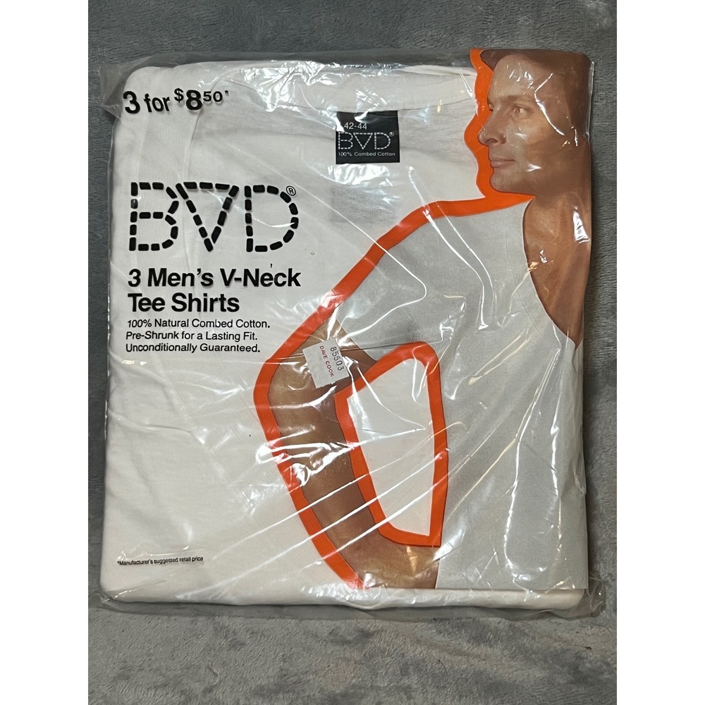Vintage BVD V Neck T Shirts 3 Pack Deadstock 42-44 White NOS 1979 Made USA New